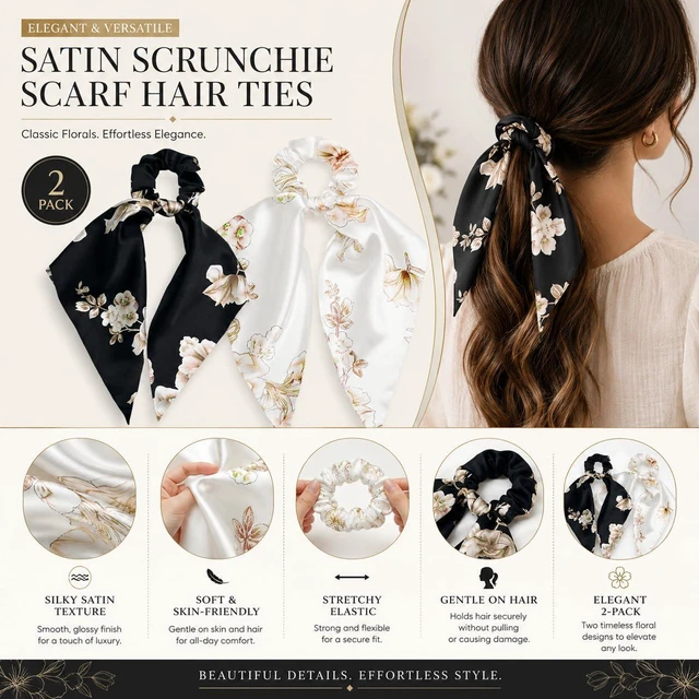 Alt view image 3 of 7 - Floral-Satin-Scrunchies Bows-Elastic-Hair-Ties for Women Girls Thick Hair | Silky Satin Fabric, Oversized Elastic Band, Gentle on Thick Curly Long Hair, Daily Casual Wear, Dating Party Outfit Matching