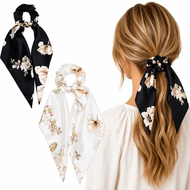 Main image of Floral-Satin-Scrunchies Bows-Elastic-Hair-Ties for Women Girls Thick Hair | Silky Satin Fabric, Oversized Elastic Band, Gentle on Thick Curly Long Hair, Daily Casual Wear, Dating Party Outfit Matching
