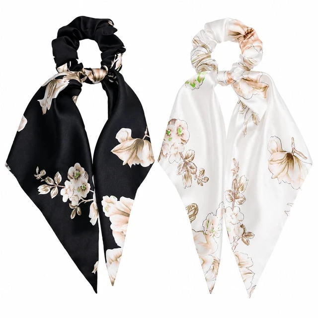 Alt view image 5 of 7 - Floral-Satin-Scrunchies Bows-Elastic-Hair-Ties for Women Girls Thick Hair | Silky Satin Fabric, Oversized Elastic Band, Gentle on Thick Curly Long Hair, Daily Casual Wear, Dating Party Outfit Matching