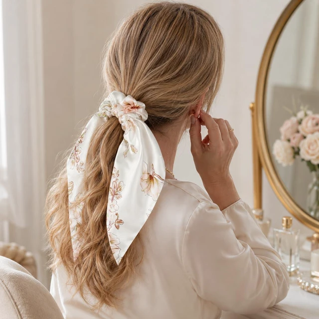 Alt view image 6 of 7 - Floral-Satin-Scrunchies Bows-Elastic-Hair-Ties for Women Girls Thick Hair | Silky Satin Fabric, Oversized Elastic Band, Gentle on Thick Curly Long Hair, Daily Casual Wear, Dating Party Outfit Matching
