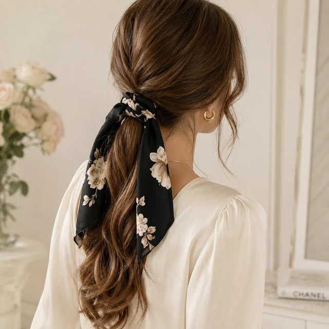 Alt view image 7 of 7 - Floral-Satin-Scrunchies Bows-Elastic-Hair-Ties for Women Girls Thick Hair | Silky Satin Fabric, Oversized Elastic Band, Gentle on Thick Curly Long Hair, Daily Casual Wear, Dating Party Outfit Matching