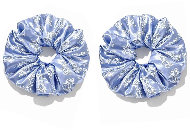 Main image of 2PCS Oversized Satin Scrunchies For Women, Extra Large Hair Ties For Thick Hair, Vintage Garden Inspired Design In Mist Blue And Moonlit Grey
