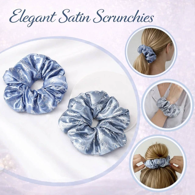 Alt view image 3 of 7 - 2PCS Oversized Satin Scrunchies For Women, Extra Large Hair Ties For Thick Hair, Vintage Garden Inspired Design In Mist Blue And Moonlit Grey