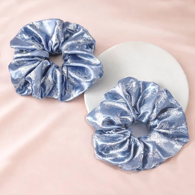 Alt view image 2 of 7 - 2PCS Oversized Satin Scrunchies For Women, Extra Large Hair Ties For Thick Hair, Vintage Garden Inspired Design In Mist Blue And Moonlit Grey