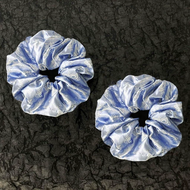 Alt view image 4 of 7 - 2PCS Oversized Satin Scrunchies For Women, Extra Large Hair Ties For Thick Hair, Vintage Garden Inspired Design In Mist Blue And Moonlit Grey
