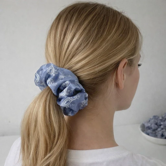 Alt view image 5 of 7 - 2PCS Oversized Satin Scrunchies For Women, Extra Large Hair Ties For Thick Hair, Vintage Garden Inspired Design In Mist Blue And Moonlit Grey