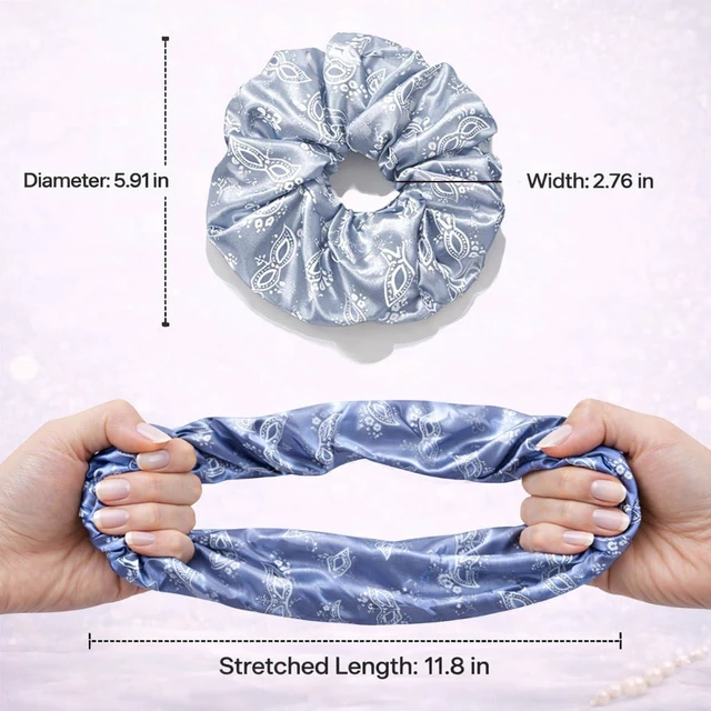 Alt view image 7 of 7 - 2PCS Oversized Satin Scrunchies For Women, Extra Large Hair Ties For Thick Hair, Vintage Garden Inspired Design In Mist Blue And Moonlit Grey