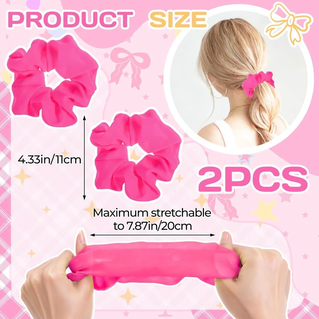 Alt view image 2 of 7 - Hot Pink Scrunchie 2PCS Neon Scrunchie 80s Hair Accessories for Women Girl Solid Colors Elastic Hair Ponytail Holder for Party Outfits Workout Costumes and Ponytail Styling (Pink)