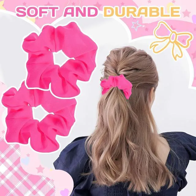 Alt view image 4 of 7 - Hot Pink Scrunchie 2PCS Neon Scrunchie 80s Hair Accessories for Women Girl Solid Colors Elastic Hair Ponytail Holder for Party Outfits Workout Costumes and Ponytail Styling (Pink)