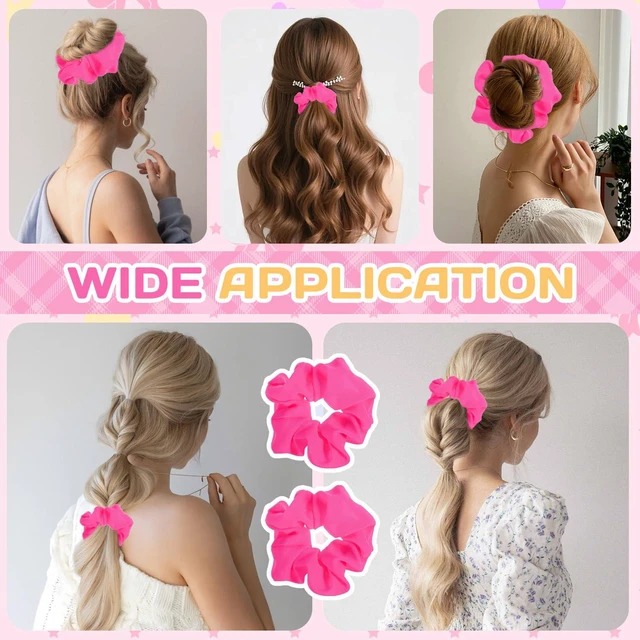 Alt view image 7 of 7 - Hot Pink Scrunchie 2PCS Neon Scrunchie 80s Hair Accessories for Women Girl Solid Colors Elastic Hair Ponytail Holder for Party Outfits Workout Costumes and Ponytail Styling (Pink)