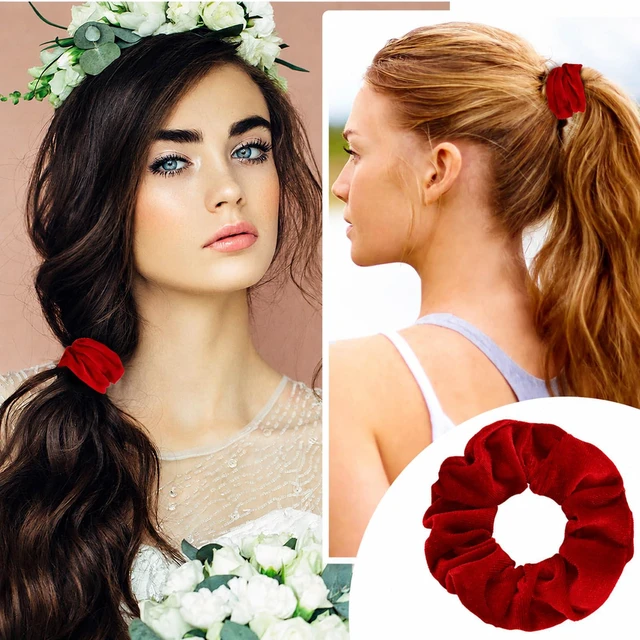 Alt view image 7 of 7 - 4 Pcs Hair Scrunchies Elastic Hair Band Soft Scrunchy Ropes Ties Red | Velvet, Thick Large, Curly Ponytail Holder, Gift for Wristband, Girls Women, Hairs Accessories, Valentine's Day, Christmas