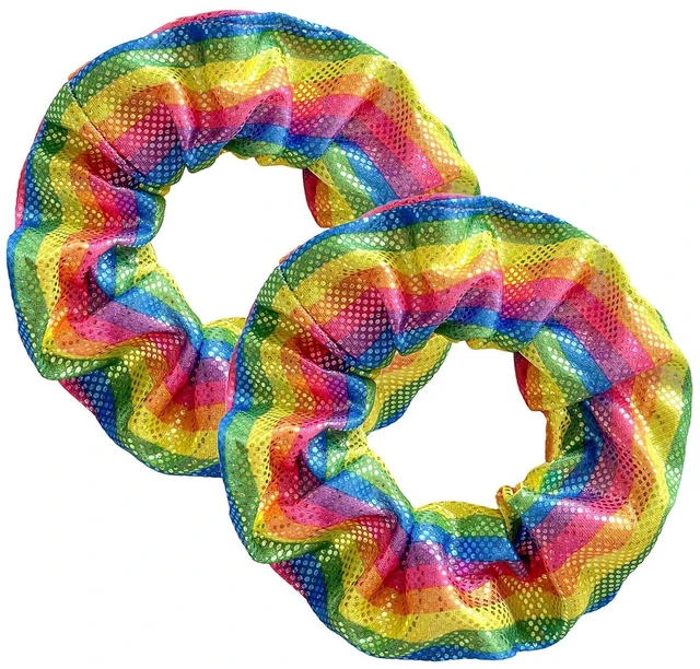 Main image of YOFAN Hair Scrunchies, 2-Pack Rainbow Elastic Bands for Women Girls | Shiny satin fabric, elastic, 4.3" outer diameter, stretchable, for parties, gymnastics, daily wear, gifts