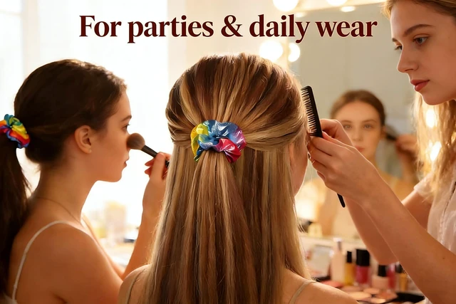 Alt view image 2 of 7 - YOFAN Hair Scrunchies, 2-Pack Rainbow Elastic Bands for Women Girls | Shiny satin fabric, elastic, 4.3" outer diameter, stretchable, for parties, gymnastics, daily wear, gifts