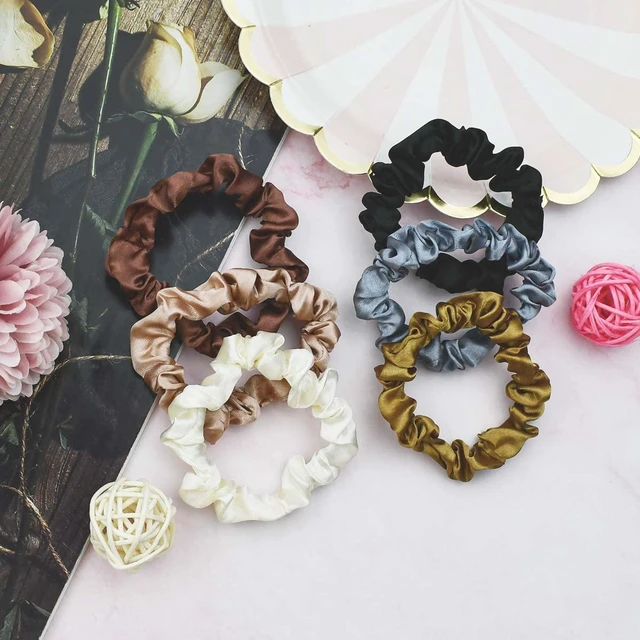 Alt view image 7 of 7 - 12 Pieces Silk Satin Scrunchies Skinny Hair Ties for Women, Girls Ponytail Holder - Small Elastic Soft Hair Ropes for Thin, Thick and Curly Hair (Colorful)
