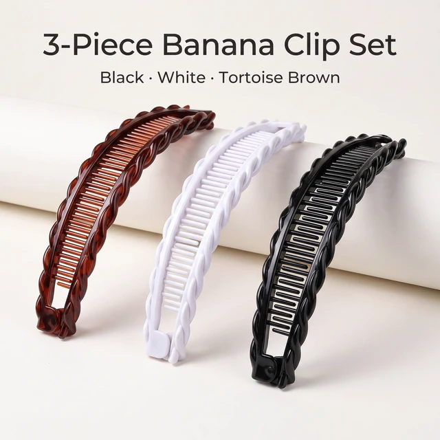Alt view image 2 of 7 - 3 Pcs Mixed Colors Banana Hair Clips Set,Claws Hair Grips Hair Accessories,Vintage-Style Hair Grips for Women and Girls,Gentle Hold Hair Accessories for Thick Hair, Updos,Ponytails,Clips and Barrettes