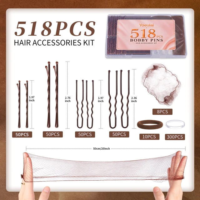 Alt view image 2 of 7 - Yoeuiai 518PCS Brown Bobby Pins Hair Pins Kit with Hair Nets for Women | 100 Bobby Pins, 100 U Shaped Bun Pins, 300 Elastic Hair Bands, 10 Hair Ties for Ballet Dance Bun and Updo Hairstyles