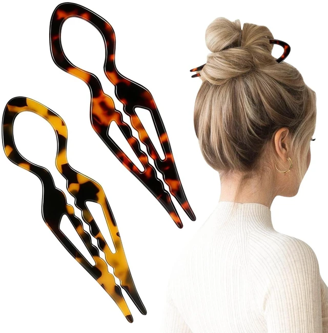 Main image of 2PCS Prestige French Hair Pins,Acetate Tortoiseshell French Twist Pin,Serrated Anti-Slip Design for All Hair,Curved Shape Conforms to the Head,Hair Accessories for Buns and Updos (Tortoiseshell B)