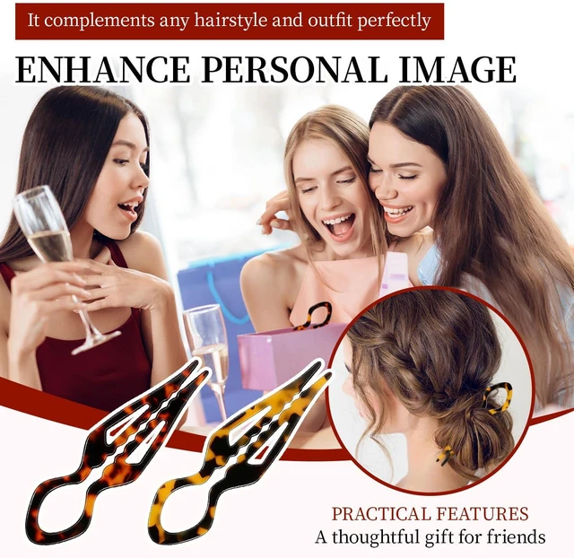 Alt view image 2 of 7 - 2PCS Prestige French Hair Pins,Acetate Tortoiseshell French Twist Pin,Serrated Anti-Slip Design for All Hair,Curved Shape Conforms to the Head,Hair Accessories for Buns and Updos (Tortoiseshell B)