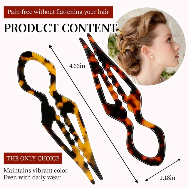Alt view image 7 of 7 - 2PCS Prestige French Hair Pins,Acetate Tortoiseshell French Twist Pin,Serrated Anti-Slip Design for All Hair,Curved Shape Conforms to the Head,Hair Accessories for Buns and Updos (Tortoiseshell B)