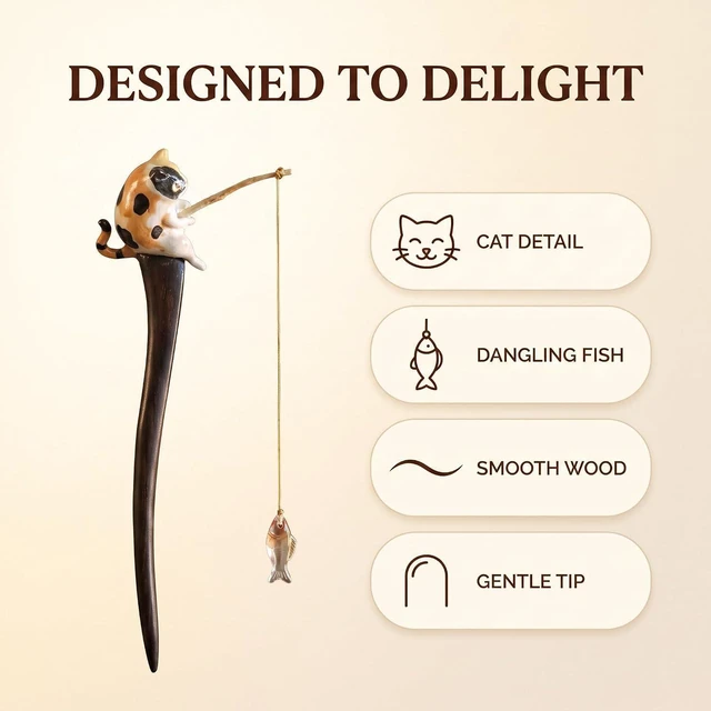 Alt view image 6 of 7 - 1 Pc Cute Cat Fishing Hairpin Sandalwood Tassel Hair Clip, 7.09Inch Long Hair Sticks, Shawl Hair Pins Retro Chinese Hair Stick