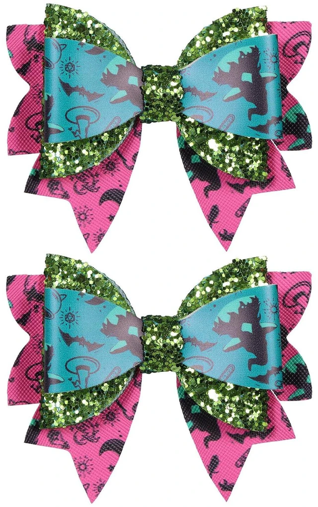 Main image of 2pc Witch Hair Accessories for Women Girls,3.5" Glitter Pink Green Merch Hair Bows Clip Alligator Pins for Movie Fans Kids Halloween Costume Decorations Birthday Favors Gift