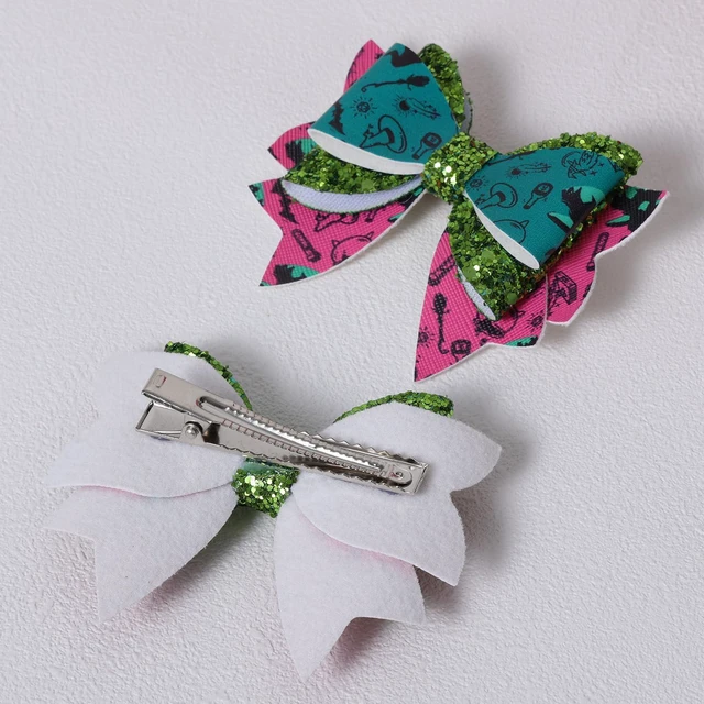 Alt view image 3 of 7 - 2pc Witch Hair Accessories for Women Girls,3.5" Glitter Pink Green Merch Hair Bows Clip Alligator Pins for Movie Fans Kids Halloween Costume Decorations Birthday Favors Gift
