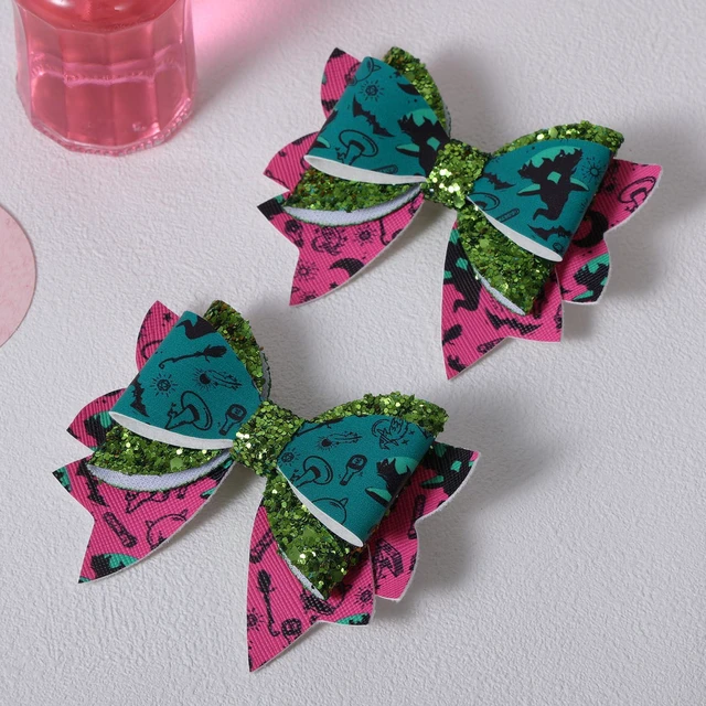 Alt view image 2 of 7 - 2pc Witch Hair Accessories for Women Girls,3.5" Glitter Pink Green Merch Hair Bows Clip Alligator Pins for Movie Fans Kids Halloween Costume Decorations Birthday Favors Gift