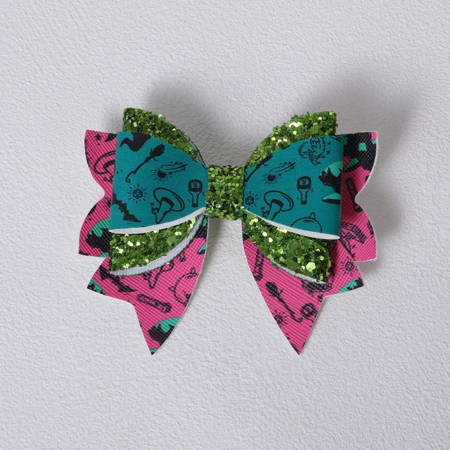 Alt view image 6 of 7 - 2pc Witch Hair Accessories for Women Girls,3.5" Glitter Pink Green Merch Hair Bows Clip Alligator Pins for Movie Fans Kids Halloween Costume Decorations Birthday Favors Gift