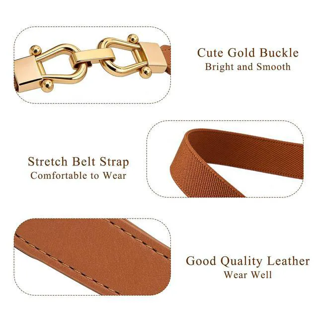 Alt view image 7 of 7 - Aulacakuna Elastic Belt For Women, Gold Buckle Trendy Thin Leather Belts For Vintage Dress Jeans (Black+Brown, S Belt Length 27in,Up to 31in)