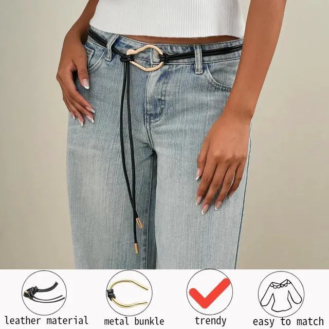 Alt view image 5 of 6 - rgwtgkyh Rope Belts for Women Boho Thin Black Leather Tie Belt with Gold Buckle for Formal Costume Dresses Skirt Jeans Pants
