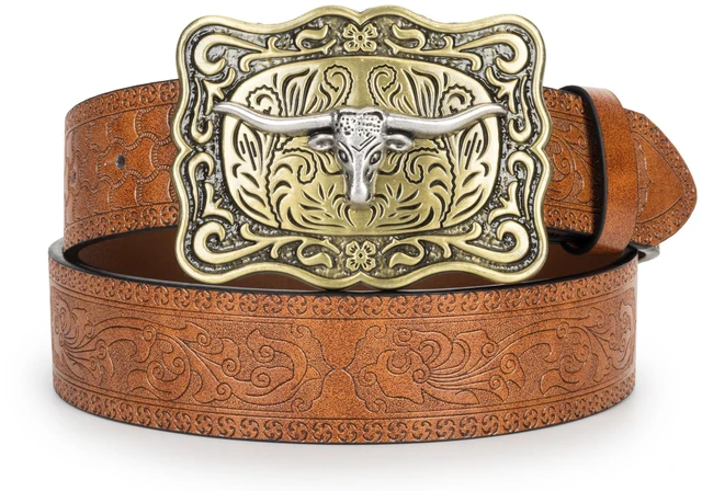 Alt view image 2 of 7 - Women-Western-Cowboy-Leather-Belts Turquoise Oval Buckle Embossed Belts