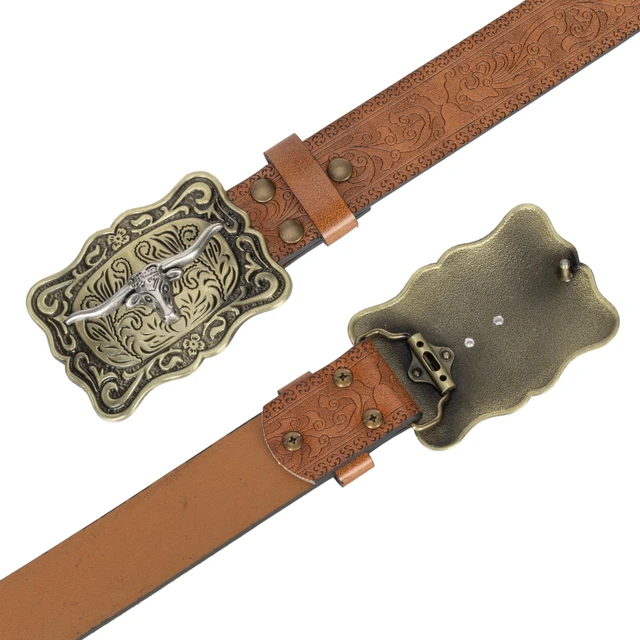 Alt view image 3 of 7 - Women-Western-Cowboy-Leather-Belts Turquoise Oval Buckle Embossed Belts