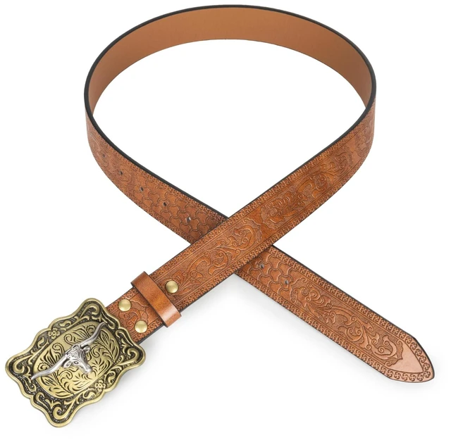 Alt view image 4 of 7 - Women-Western-Cowboy-Leather-Belts Turquoise Oval Buckle Embossed Belts