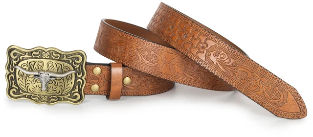 Alt view image 5 of 7 - Women-Western-Cowboy-Leather-Belts Turquoise Oval Buckle Embossed Belts