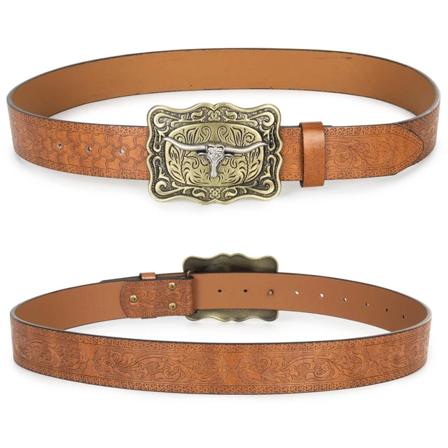 Alt view image 6 of 7 - Women-Western-Cowboy-Leather-Belts Turquoise Oval Buckle Embossed Belts