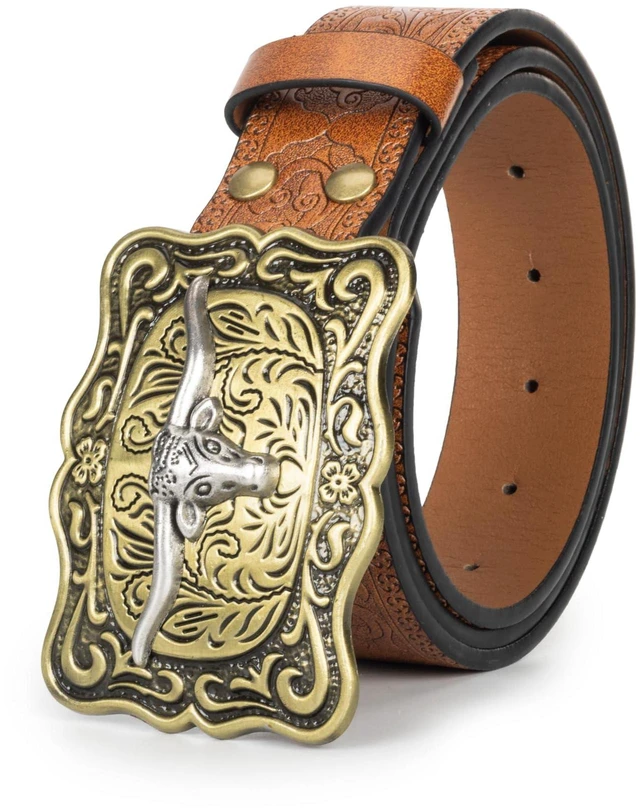 Alt view image 7 of 7 - Women-Western-Cowboy-Leather-Belts Turquoise Oval Buckle Embossed Belts