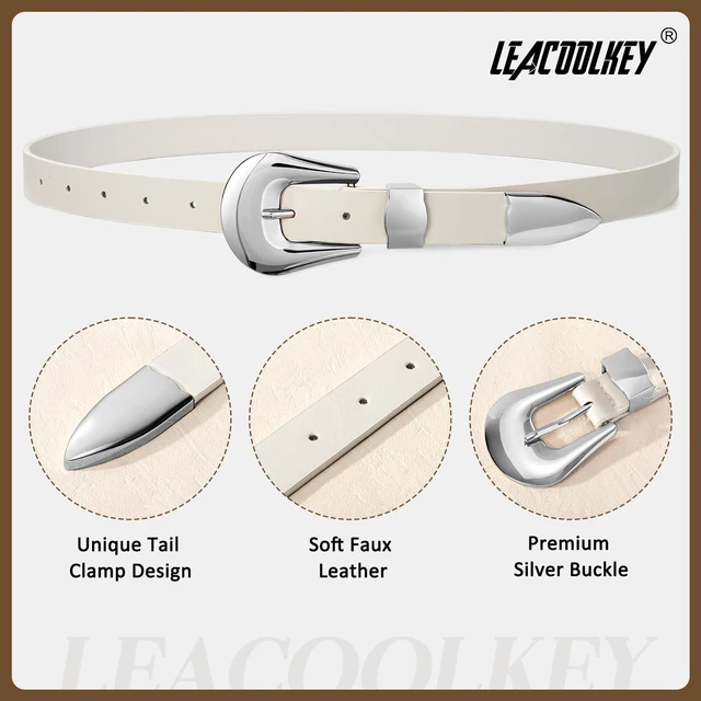 Alt view image 3 of 6 - Women Leather Belt Ladies Faux Leather Belt for Jeans Dress Fashion Silver Gold Buckle Waist Belt