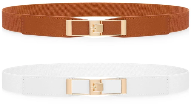 Main image of WHIPPY 2 Pack Women Skinny Elastic Belts Ladies Thin Stretch Waist Belt with Gold Buckle for Dresses Suits, Brown+White S