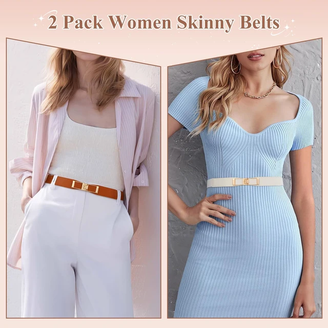 Alt view image 3 of 6 - WHIPPY 2 Pack Women Skinny Elastic Belts Ladies Thin Stretch Waist Belt with Gold Buckle for Dresses Suits, Brown+White S