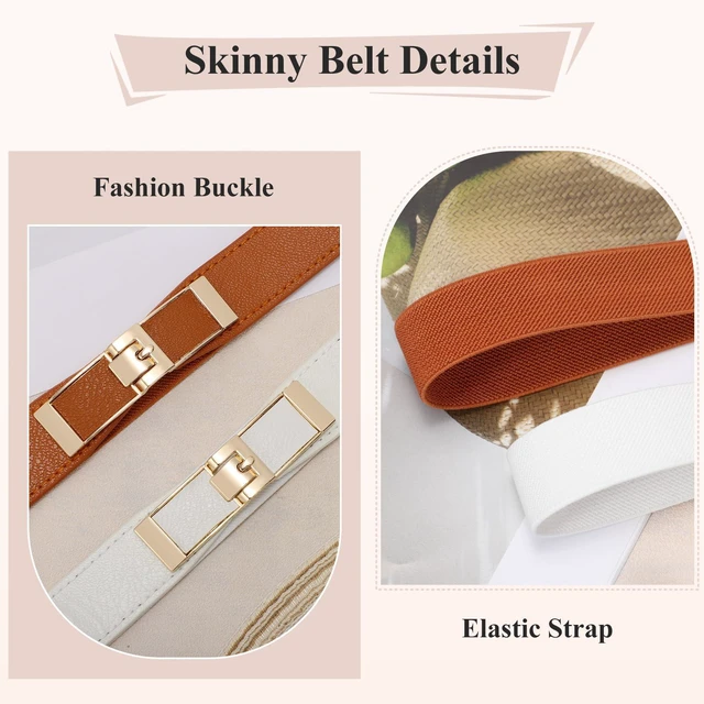 Alt view image 4 of 6 - WHIPPY 2 Pack Women Skinny Elastic Belts Ladies Thin Stretch Waist Belt with Gold Buckle for Dresses Suits, Brown+White S