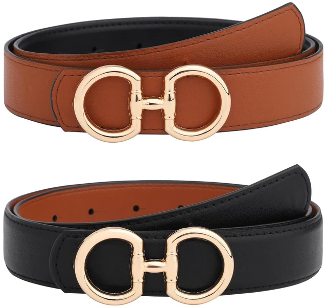 Main image of AWAYTR Reversible Belt for Women - Two-in-One Women Fashion Leather Belt for Jeans with Golden Buckle (Black/Brown(Shiny Buckle),130cm)
