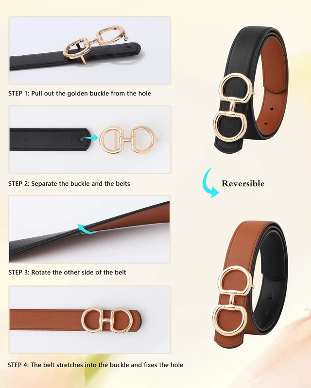 Alt view image 2 of 6 - AWAYTR Reversible Belt for Women - Two-in-One Women Fashion Leather Belt for Jeans with Golden Buckle (Black/Brown(Shiny Buckle),130cm)