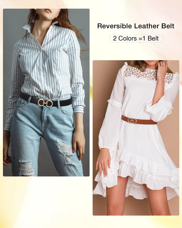 Alt view image 3 of 6 - AWAYTR Reversible Belt for Women - Two-in-One Women Fashion Leather Belt for Jeans with Golden Buckle (Black/Brown(Shiny Buckle),130cm)