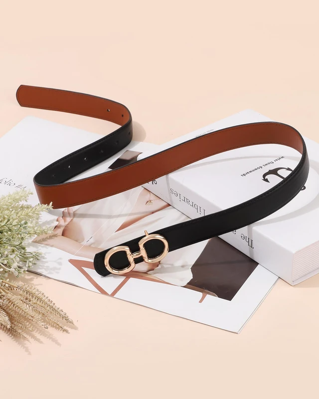 Alt view image 6 of 6 - AWAYTR Reversible Belt for Women - Two-in-One Women Fashion Leather Belt for Jeans with Golden Buckle (Black/Brown(Shiny Buckle),130cm)
