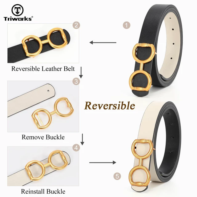 Alt view image 5 of 7 - TRIWORKS Women Reversible Leather Belt for Jeans Pants,Fashion Gold Buckle Ladies Dress BeltB-Black/Beige