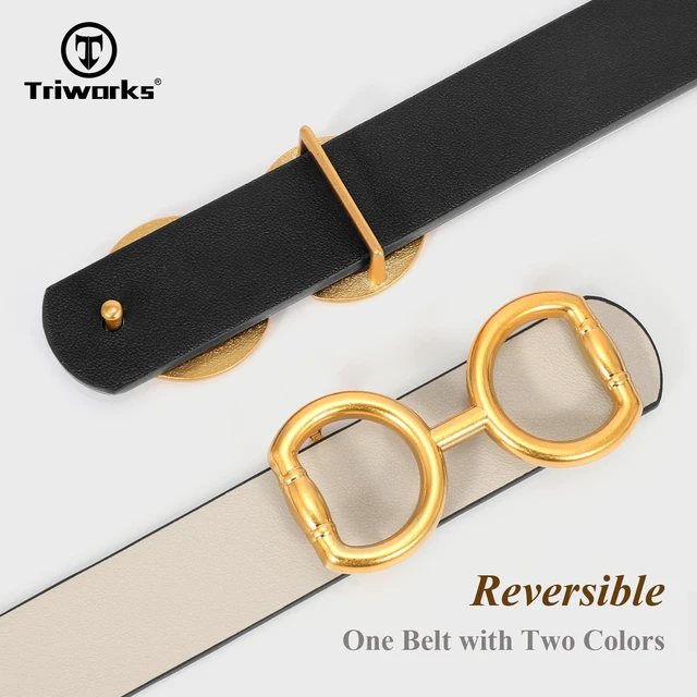 Alt view image 4 of 7 - TRIWORKS Women Reversible Leather Belt for Jeans Pants,Fashion Gold Buckle Ladies Dress BeltB-Black/Beige