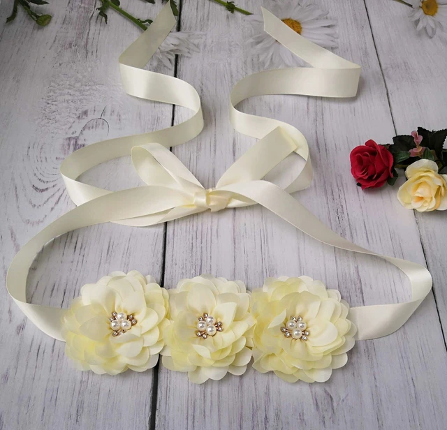Alt view image 4 of 4 - Oyabridal Flower Girl Sash Belt for Dresses Bride/Bridesmaid Sash Belts Flower Pearls Sashes for Wedding Dress (Ivory)
