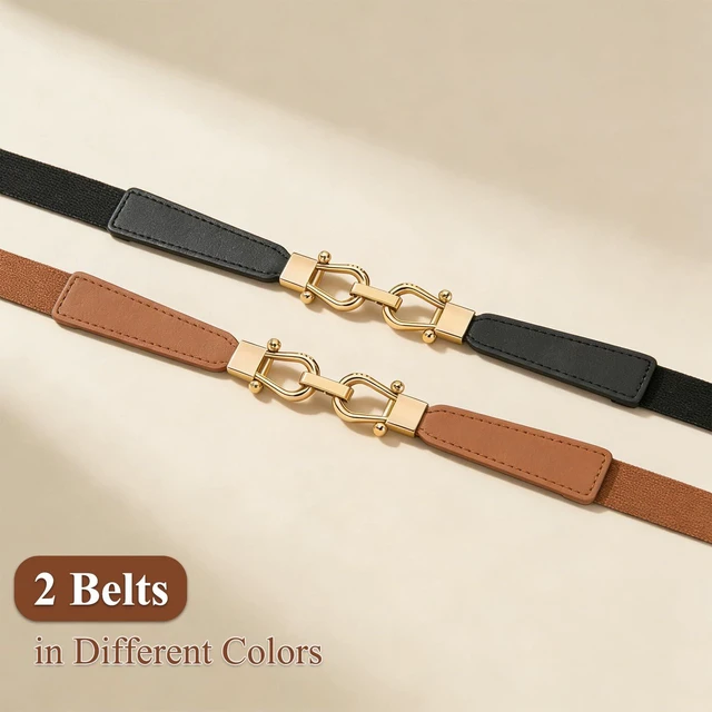 Alt view image 6 of 7 - Aulacakuna Elastic Belt For Women, Gold Buckle Trendy Thin Leather Belts For Vintage Dress Jeans (Black+Brown, S Belt Length 27in,Up to 31in)