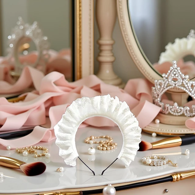 Alt view image 5 of 7 - White Lolita Pleated Laces Hair Hoop Hollow-Out Pattern Headband Makeup Wash Face Hairhoop Cosplay Party Headpiece Maid Hair AccessoriesHats and CapsWomen's HeadbandsHair AccessoriesFashion