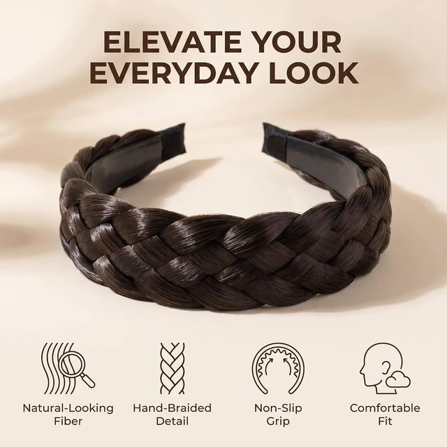 Alt view image 3 of 7 - Jowxsx Black Brown Twist Braided Headband Wig Wide-Brimmed Hair Hoop Simple Ponytail Braid Hairpiece Hairband Hair Accessories Stretch Quality Synthetic Braided Headband Women Girl Braid
